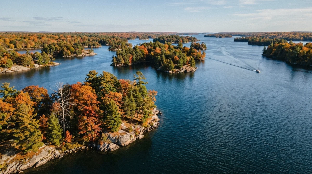 Autumn colour across granite islands and channels of the St. Lawrence River, seen on a 1000 Islands cruise in Ontario, Canada