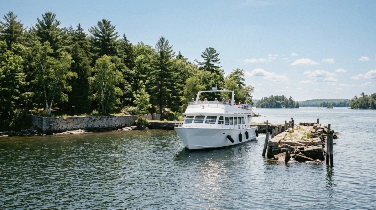 Boldt Castle on Heart Island seen from a cruise boat, a scene from the water on a trip to Boldt Castle from Canada