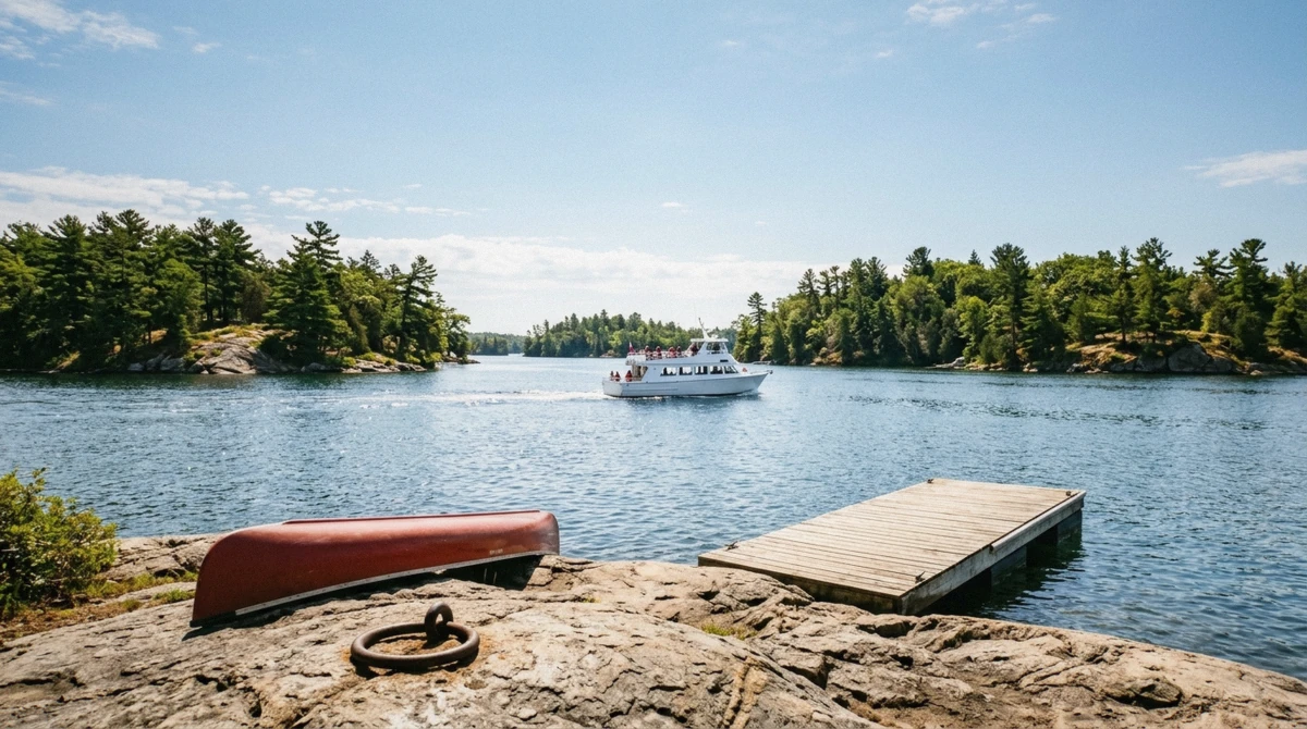 A shoreline lookout along the 1000 Islands Parkway showing granite islands on the St. Lawrence River, one of the free things to do in the 1000 Islands, Ontario