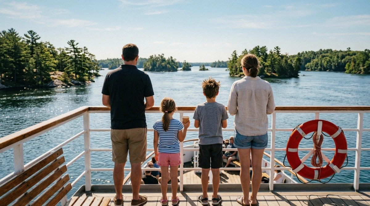A child looking out over the water from the deck of a boat, on a 1000 islands with kids cruise near Brockville, Ontario, Canada