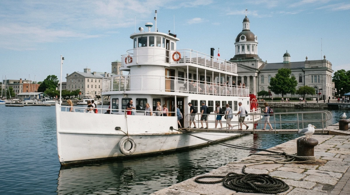 The triple-deck Island Queen paddlewheeler at Crawford Wharf before a 1000 Islands cruise from Kingston, Ontario, Canada