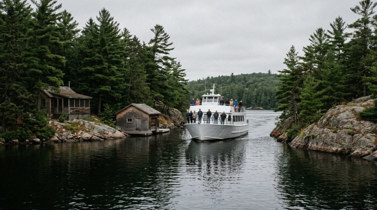Tour boat threading a narrow channel between cottage islands on a 1000 Islands cruise from Rockport, Ontario, Canada