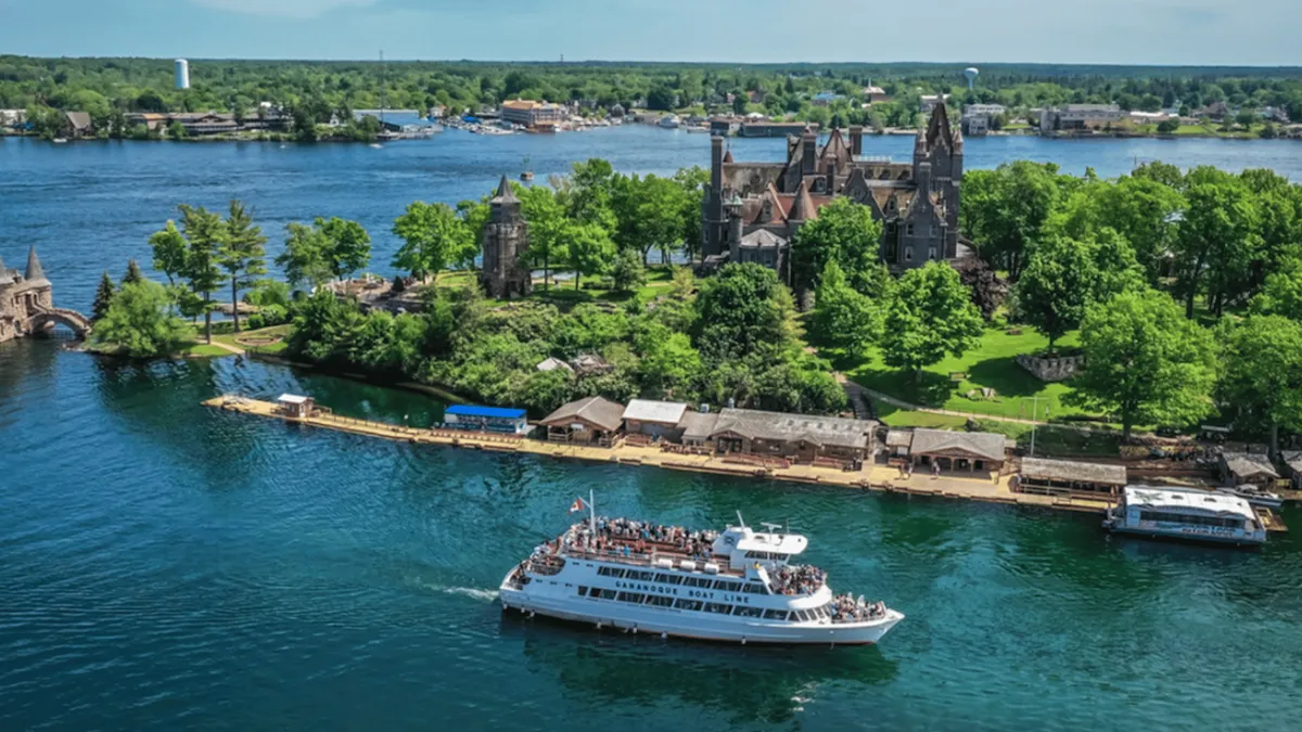 Boldt Castle seen from the water on a 1000 Islands cruise departing Ivy Lea, Lansdowne, Ontario, Canada